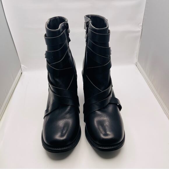 Pierre Dumas black moto strappy block heel ankle booties 9 - Picture 2 of 8